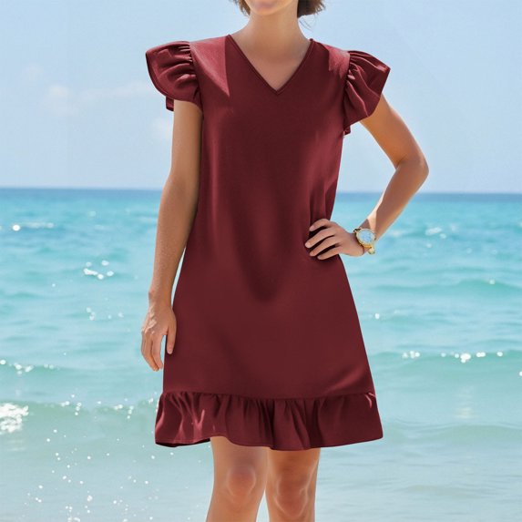 Under $20 Summer Dresses Plus Size, Womens’s Solid Color V Neck Summer Ruffle Hem Casual Beach Dress(Wine,XL)