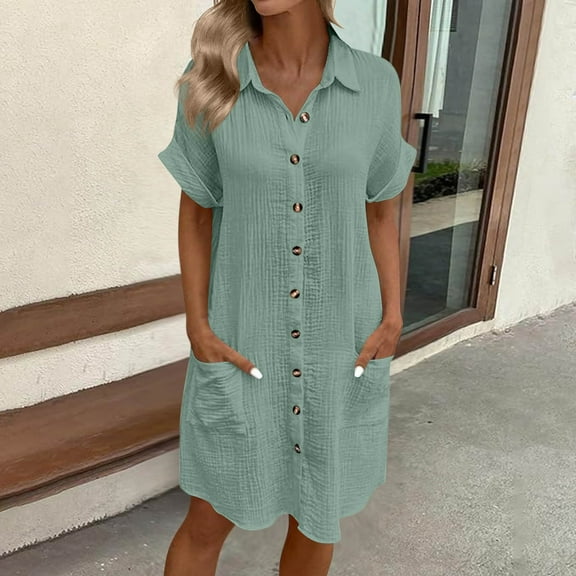 Under $20 Women's Casual Dresses, Woman Fashion Solid Color Button Pocket Short Sleeve Turndown Collar Blouse Dress(Light Blue,M)