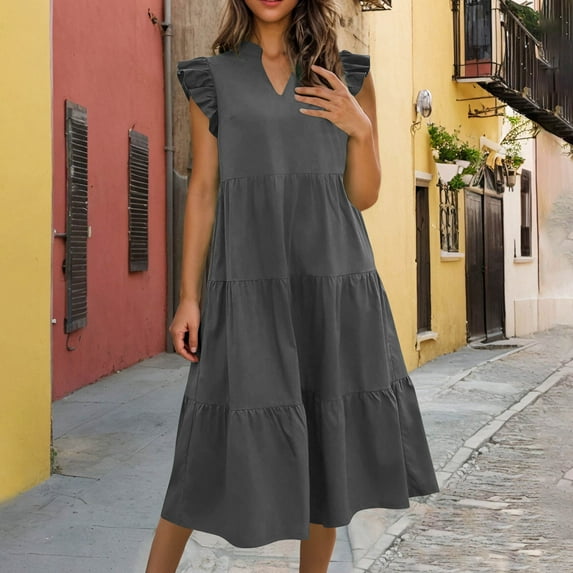 Under $20 Womens Dresses Summer Saving Clearance, Fashion Women's Casual Solid V-Neck Pullover Sleeveless Pleated Irregular Dress(Gray,M)