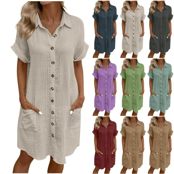 Under $20 Womens Dresses Summer Saving, Woman Fashion Solid Color Button Pocket Short Sleeve Turndown Collar Blouse Dress(Beige,XXL)