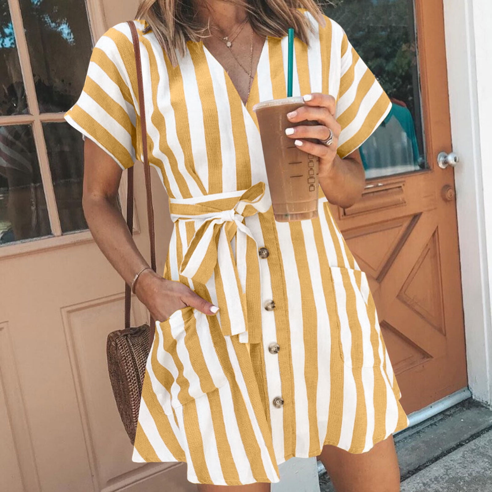 Under $20 Womens Dresses Summer Saving Clearance, Women And Linen V-neck Button Up Shirt Cardigan Belt Striped Shirt Dress With Pocket(Yellow,M) - Walmart.com Under $20 Womens Dresses Summer Saving Clearance, Women And Linen V-neck Button Up Shirt Cardigan Belt Striped Shirt Dress With Pocket(Yellow,M) - Walmart.com
