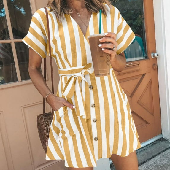 Under $20 Womens Dresses Summer Saving Clearance, Women And Linen V-neck Button Up Shirt Cardigan Belt Striped Shirt Dress With Pocket(Yellow,M)