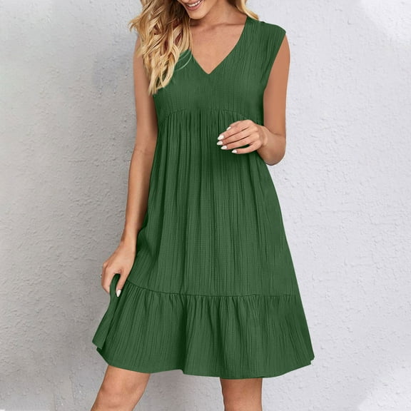Under $20 Womens Dresses Summer, Women Summer V-neck Loose Solid Color Pleated Casual High Waisted Lace Sleeveless Dress(Olive Green,XL)