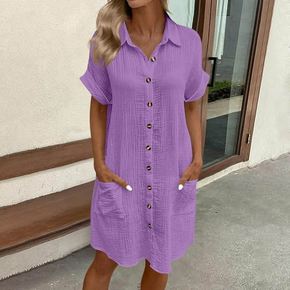 Under $20 Womens Summer Dresses Plus Size, Woman Fashion Solid Color Button Pocket Short Sleeve Turndown Collar Blouse Dress(Light Purple,S)