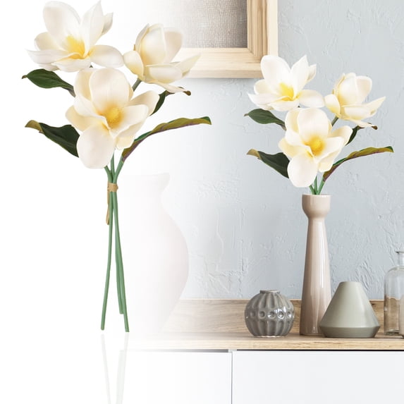 Under $3 Artificial Magnolia Stems 3-Stem Eva Magnolia For Living Room Vase Filler,Plastic White (3Pc)