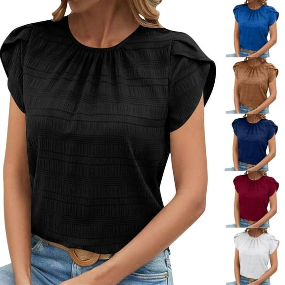 Dgankt Oversized Tshirts for Women Women Solid Round Neck Sleeve Back Keyhole Blouse Temperament Short Sleeve Top