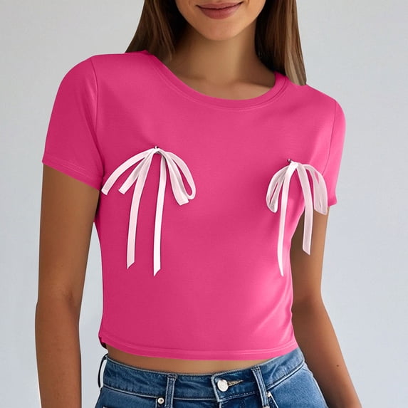 Dgankt Shirts for Women Women's New Solid Color Bow Short Sleeve Round Neck Casual Top T-shirt