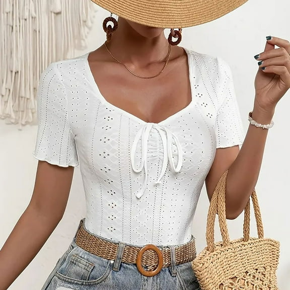 Dgankt Women's Clothing Women's Spring and Summer New Solid Color Elegant Pleated Front Tie Short Sleeve Top