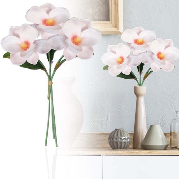 Under $5 Artificial Magnolia Stems 3-Stem Eva Magnolia Plastic For Living Room Vase Filler Wedding Arch Arrangement Pink (3Pc)
