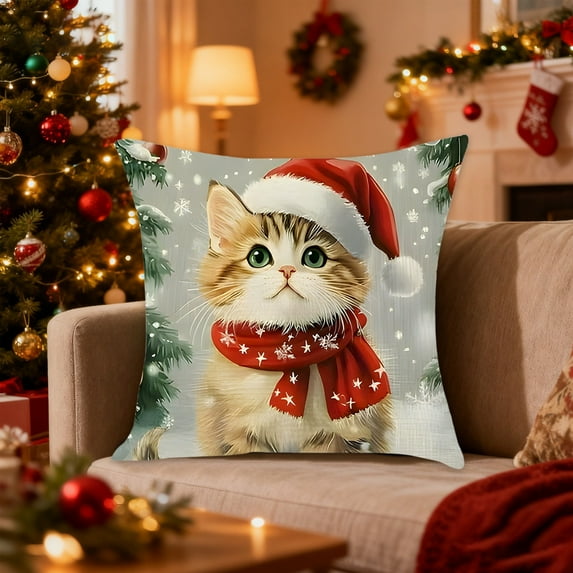Under $5 Christmas Throw Pillow Covers 18x18" Linen Pillow Case for Sofa Couch Xmas Decorations Linen Cats Pillow Case Printed Home Living Room Sofa