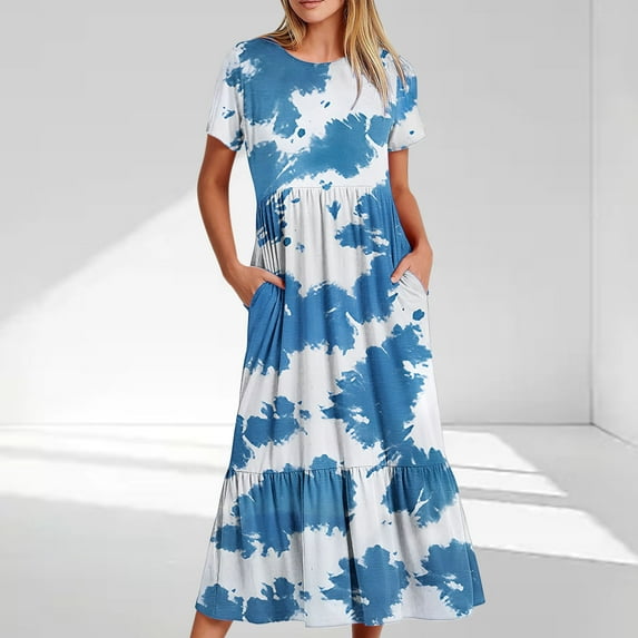 Rciityk Boho Dresses for Women Summer Short Sleeve Crew Neck A-Line Midi Dress Casual Loose Beach Floral Print Sundress with Pockets, Blue M