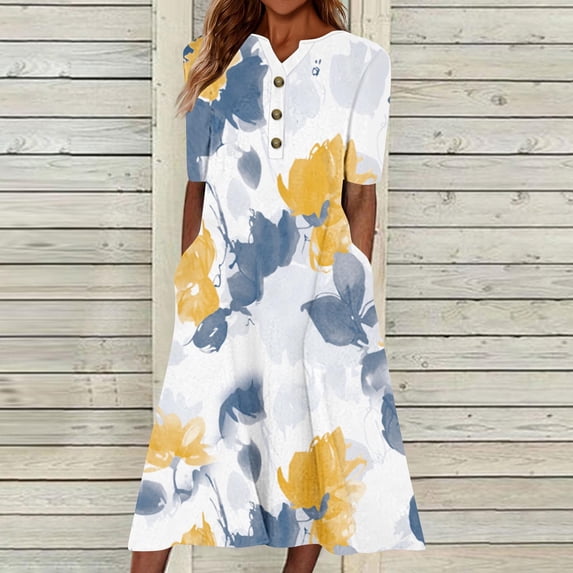 Rciityk Short Sleeve Dresses for Women Summer Vintage Floral Print Boho Dresses Casual Loose Beach Vacation V Neck A-Line Midi Dress Pockets, White M