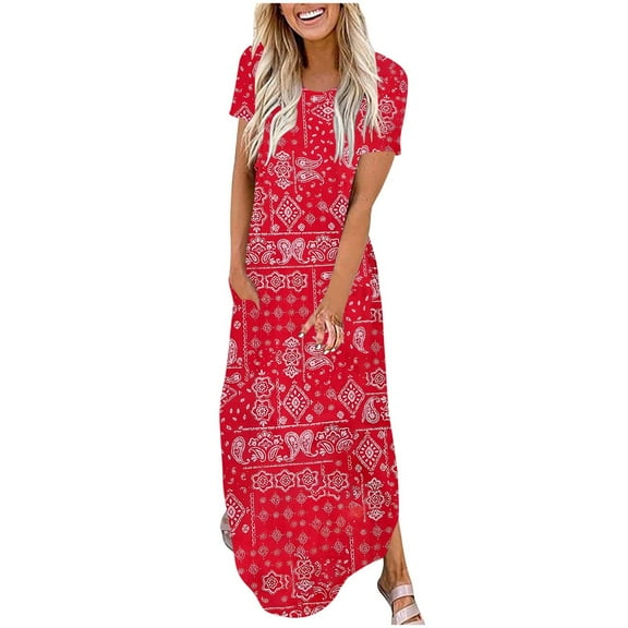 Rciityk Summer Dresses for Women Wedding Guest Maxi Dress Beach Vacation Short Sleeve Round Neck Long Dress Casual Floral Print Sundresses with Pocket