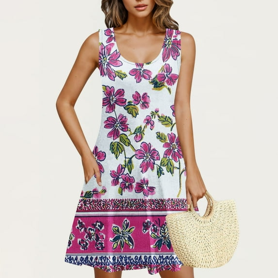 Rciityk Sundresses for Women Summer Crew Neck Tank Dress Beach Boho Mini Dresses Casual Loose Floral Printed Sleeveless Pockets Dress