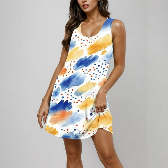 Rciityk Sundresses for Women Summer Crew Neck Tank Dress Beach Boho Mini Dresses Casual Loose Floral Printed Sleeveless Pockets Dress