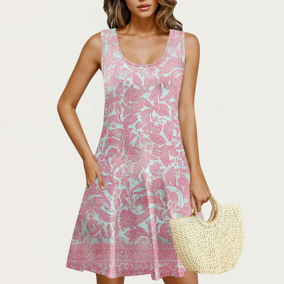 Rciityk Sundresses for Women Summer Crew Neck Tank Dress Beach Boho Mini Dresses Casual Loose Floral Printed Sleeveless Pockets Dress