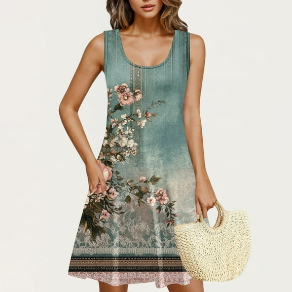 Rciityk Sundresses for Women Summer Crew Neck Tank Dress Beach Boho Mini Dresses Casual Loose Floral Printed Sleeveless Pockets Dress