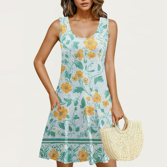 Rciityk Sundresses for Women Summer Crew Neck Tank Dress Beach Boho Mini Dresses Casual Loose Floral Printed Sleeveless Pockets Dress