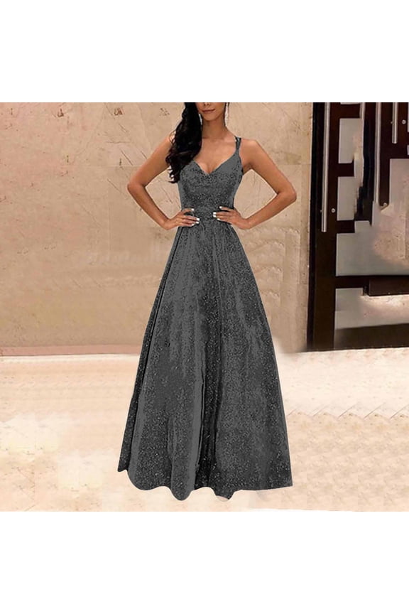 Wedding Guest Dresses for Women Summer V Neck Sparkly Elegant Evening Prom Long Maxi Dress Bridesmaid A Line Swing Formal Dress, Black M