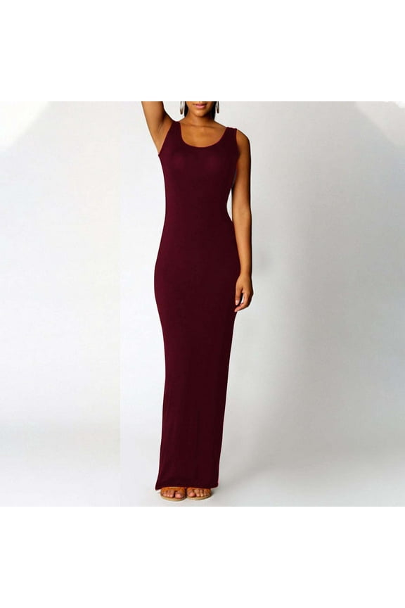 Women Sexy Bodycon Maxi Dress Summer Sleeveless Elegant Long Cami Dresses Solid Color Crew Neck Tank Cocktail Party Dress