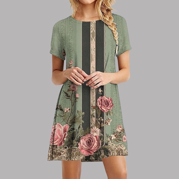 Rciityk Women's Casual Dresses Summer Short Sleeve T Shirt Mini Dress Casual Vintage Floral Printed Round Neck Beach Vacation Dress, Green S