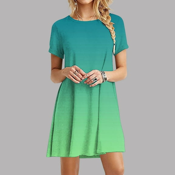Rciityk Women's Summer Casual T Shirt Dresses Short Sleeve Beach Sundress Round Neck Boho Vacation Mini Dress, Green M
