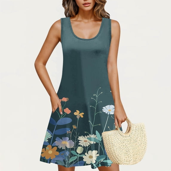 Rciityk Women's Summer Dresses Sleeveless Floral Mini Dresses Boho Pockets Tank Dress Casual Round Neck Beach Vacation Outfits