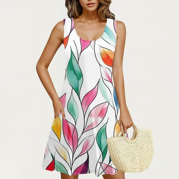 Rciityk Women's Summer Dresses Sleeveless Floral Mini Dresses Boho Pockets Tank Dress Casual Round Neck Beach Vacation Outfits