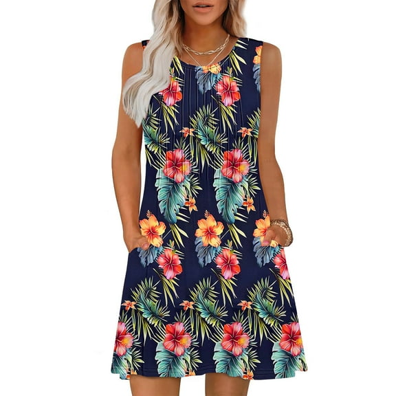 Rciityk Women's Summer Dresses Sleeveless Floral Mini Dresses Boho Pockets Tank Dress Casual Round Neck Pleated Beach Vacation Outfits
