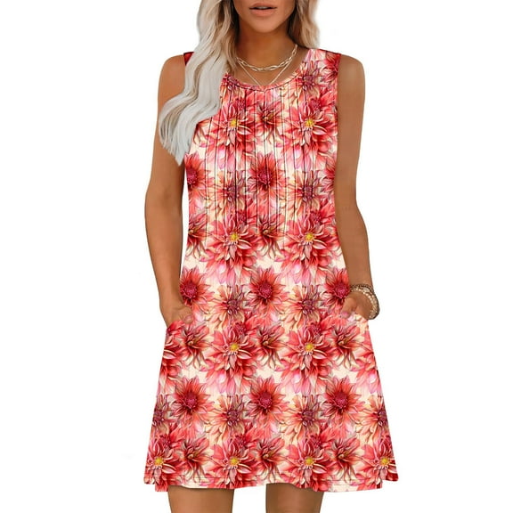 Rciityk Women's Summer Dresses Sleeveless Floral Mini Dresses Boho Pockets Tank Dress Casual Round Neck Pleated Beach Vacation Outfits