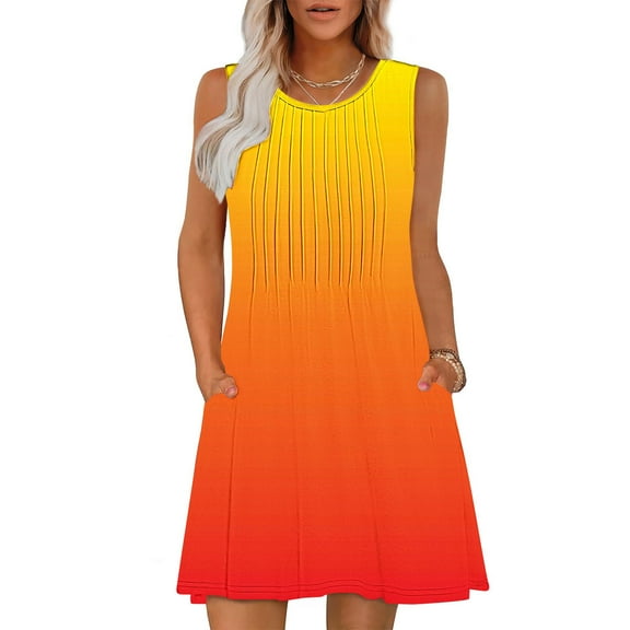 Rciityk Women's Summer Dresses Sleeveless Gradient Mini Dresses Boho Pockets Tank Dress Casual Round Neck Pleated Beach Vacation Outfits, Orange M