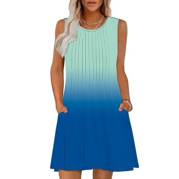 Rciityk Women's Summer Dresses Sleeveless Gradient Mini Dresses Boho Pockets Tank Dress Casual Round Neck Pleated Beach Vacation Outfits, Navy S