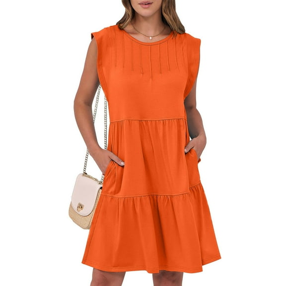 Rciityk Womens Summer Dresses Casual Ruffle Sleeveless A-line Swing Mini Dress Beach Vacation Party Pleated Sundress with Pockets, Orange M