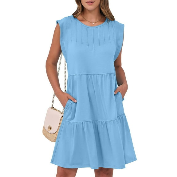 Rciityk Womens Summer Dresses Casual Ruffle Sleeveless A-line Swing Mini Dress Beach Vacation Party Pleated Sundress with Pockets