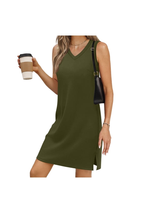 Womens Summer Dresses Loose V Neck Sleeveless Sundresses Sexy Solid Color Beach Vacation Split Mini Dress