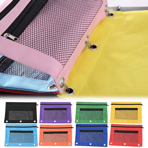 Under $5 Cute Pencil Pouch, Three Hole Cloth Pencil Case Double Layer Mesh Large Capacity Zipper