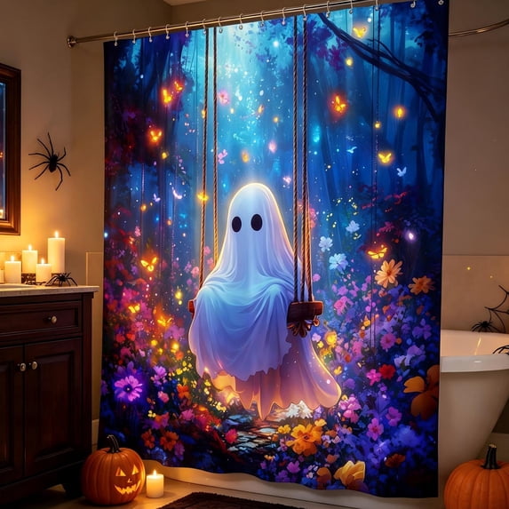 Under 5! Halloween Shower Curtain Ghost Polyester Lightweight & Quick Dry for Bathroom Shower Stall RV Home Halloween Bathroom Decor by MPOISVA