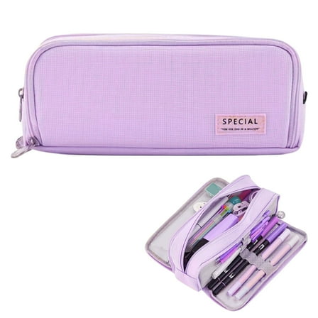 Under $5, Pencil Case, Large 3-Compartment Pencil Case, Durable Canvas Organizer for Pens & Accessories, Pencil Pouch, Purple by Goohae