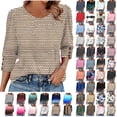 thumbnail image 1 of Rciityk 3/4 Sleeve Tops for Women Casual Crew Neck Button Sleeve Tunic Tops Summer Fall Fashion Stripe Printed T Shirts, 1 of 8