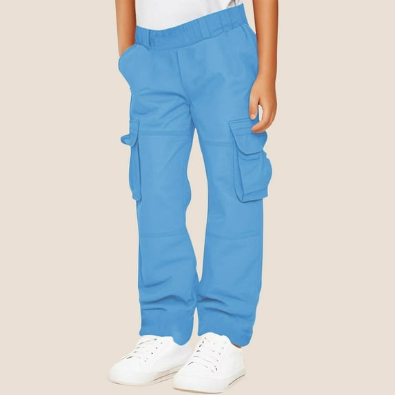 Rciityk Cargo Pants for Boys Girls Casual Baggy High Waist Hiking Pants Solid Color Lightweight Straight Workout Joggers with Pockets for 4-15 Years