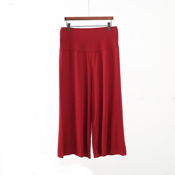 Teyfeniy Cropped Wide Leg Gaucho Pants for Women Elastic Waist Baggy Flowy Straight Solid Color Loose Casual Thin Pants