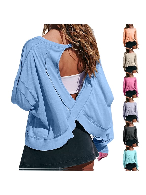 Women's Open Back Tops Athletic Shirts Long Sleeve Loose Workout Backless Tee Running Crop Yoga Top Gym Dance Blouses