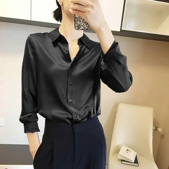 Under$5 Teyfeniy Women's Soft Satin Silk Shirts Button Down Lapel Casual Business Blouses for Women Silk Long Sleeve Work Shirt Tops