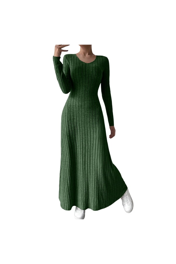 Women's Sweater Maxi Dresses U Neck Cable Knitted Long Sleeve Solid Color Long Dresses Fall Winter Stretch Fashion Stylish Casual A Line Dresses , for S to Xl