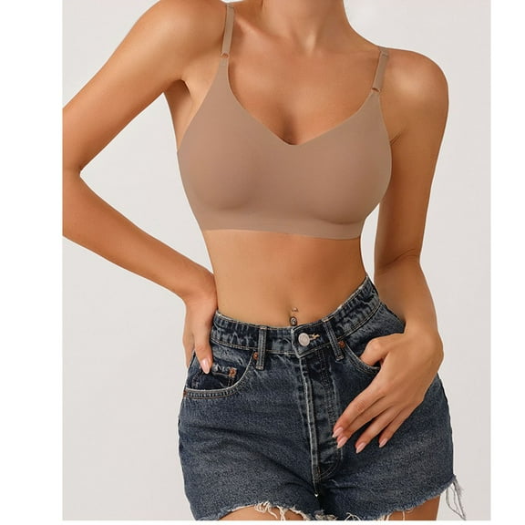 Under $5 Wirefree Bra Xunlbb Plus Size Women's Seamless V-neck Sexy Lithe Breathable Quick Dry Chest Pad Underwear(Beige,S)