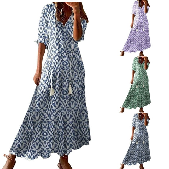 Under$5 Yteetum Blue Womens Midi Dresses Casual Spring and Summer V-neck Dress Female Loose Comfortable Three Quarters Sleeve Print Dresses XL
