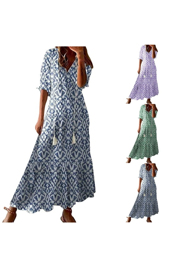 Under$5 Yteetum Blue Womens Midi Dresses Casual Spring and Summer V-neck Dress Female Loose Comfortable Three Quarters Sleeve Print Dresses XXL