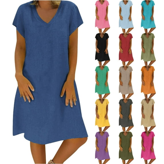 Under$5 Yteetum Summer Dresses for Women 2025 Cute Summer Dresses for Women Spring Casual Midi Dress Solid Color Linen Dress V Neck Short Sleeve Women Fashion Dress