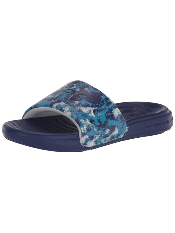 Boy's Ansa Graphic Fixed Strap Slide Sandal, (106) White/Sonar Blue/Sonar Blue, 1 Little Kid