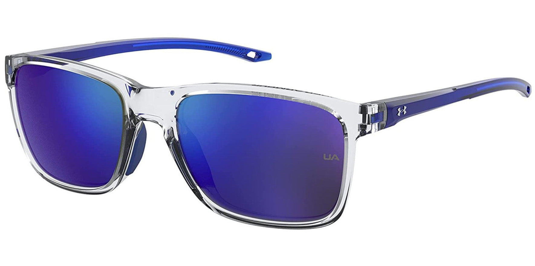 Under Armour Boy's Hustle Jr Youth Fit Crystal Clear Square Sport Sunglasses with Blue Mirror Lens - UA7002S-0QM4-Z0